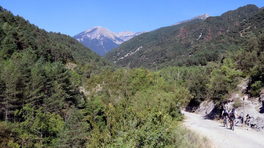 Uns ciclistes circulant per un camí dins el parc natural del Cadí-Moixeró