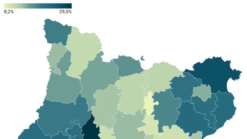 Mapa del pes de la població de nacionalitat estrangera per comarca, a 1 de gener de 2024