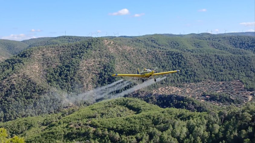 Una avioneta fumigant un tractament contra la processionària del pi